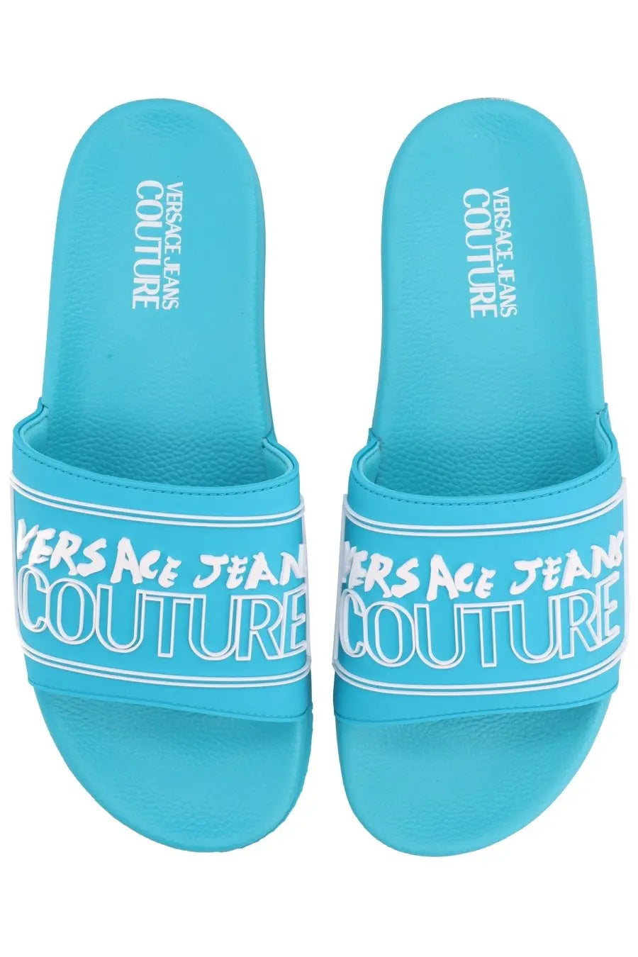 Versace jeans couture men’s turquoise blue slide sandals with bold white lettering across the strap