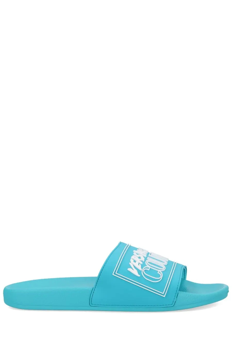 Turquoise versace jeans couture men’s slide sandal with bold white logo on the strap for casual wear