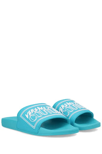 Versace Jeans Couture men’s turquoise slide sandals with white logo detailing for casual wear