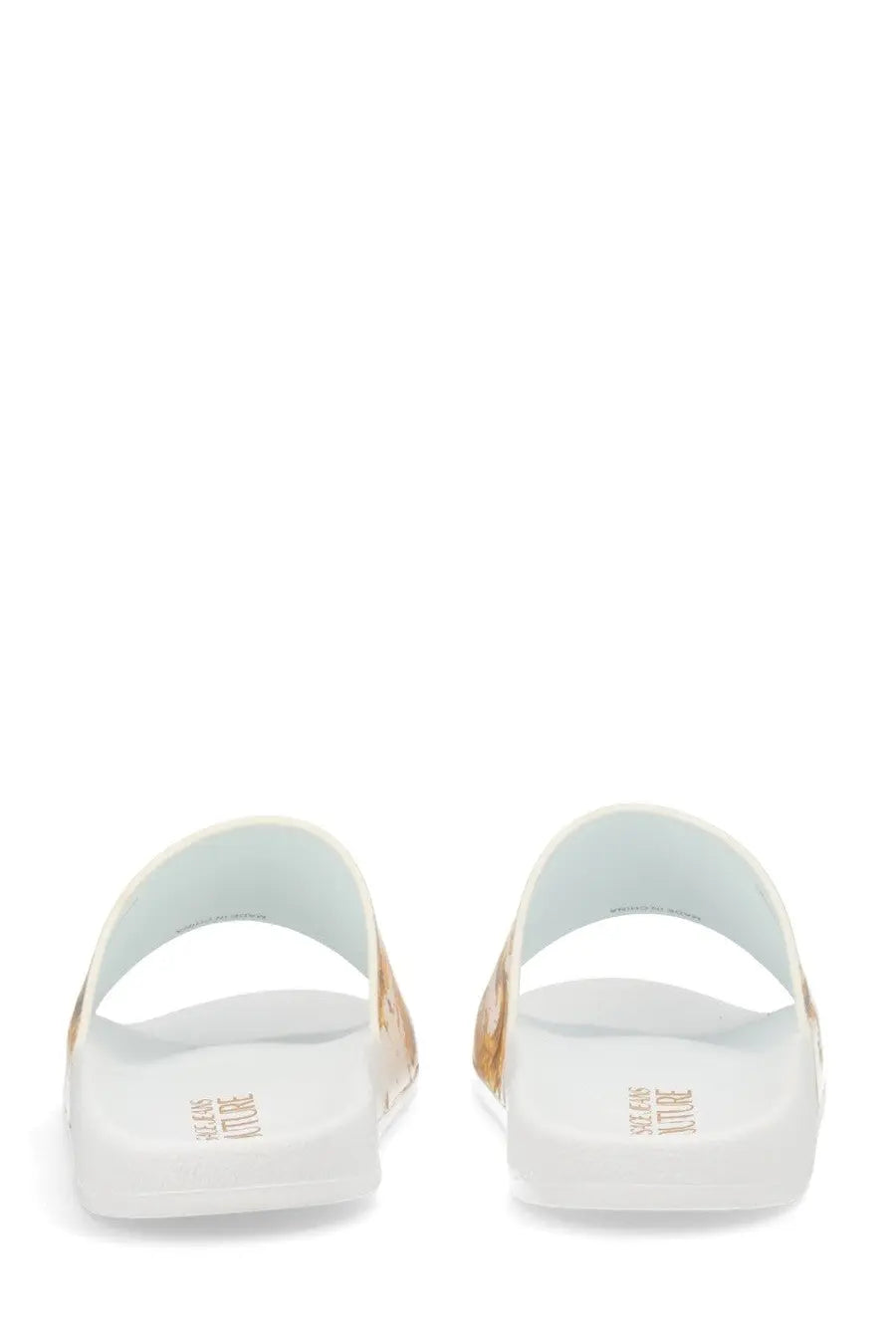 Versace Jeans Couture men’s white rubber slide sandals with gold foil accents and minimalist design