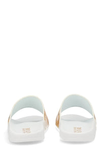 Versace Jeans Couture men’s white rubber slide sandals with gold foil accents and minimalist design