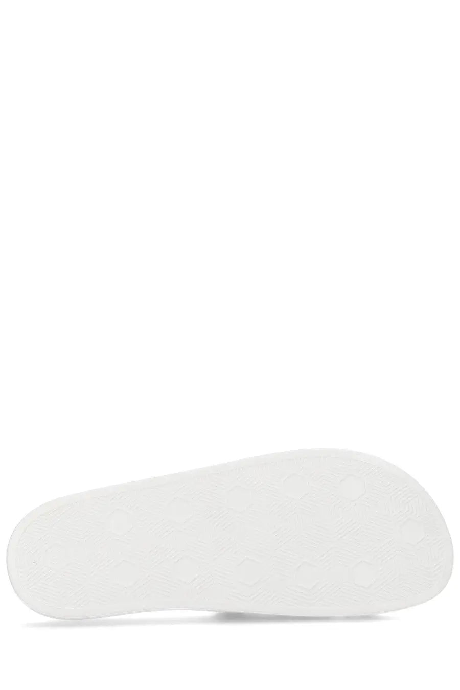 White rubber sole of versace jeans couture men’s white slip-on sandal shown from the back side