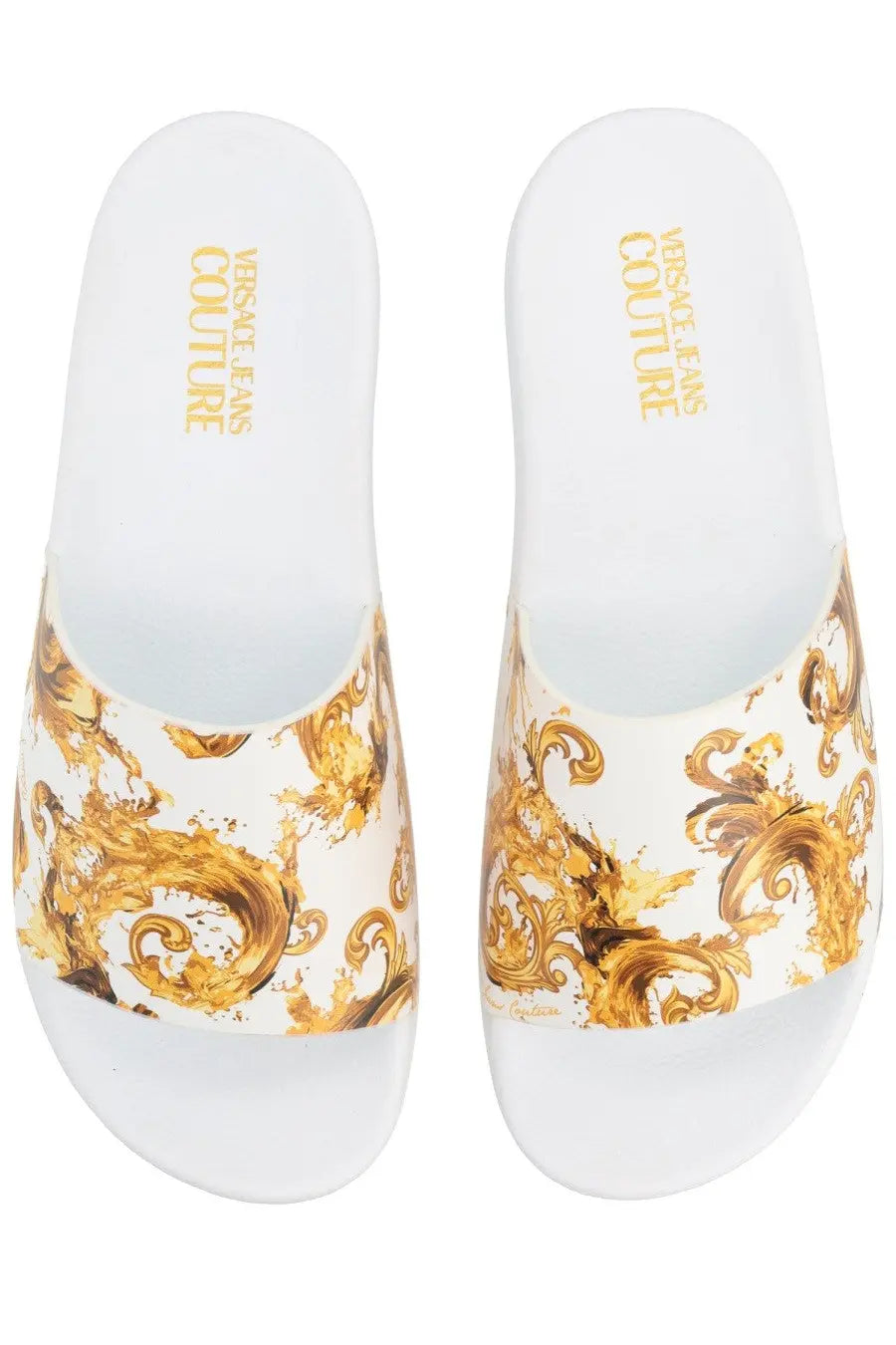 Versace Jeans Couture men’s white slide sandals featuring an ornate gold baroque pattern on the strap