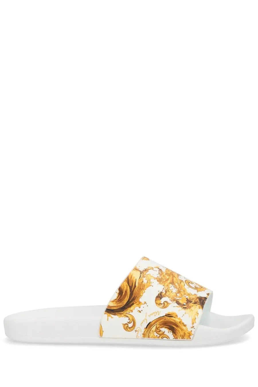 Versace jeans couture men’s white slide sandal with bold gold baroque pattern on the strap