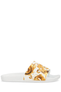 Versace jeans couture men’s white slide sandal with bold gold baroque pattern on the strap