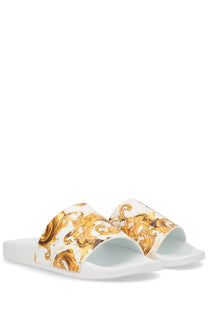 Versace jeans couture men’s white slide sandals with bold gold and brown ornate baroque pattern on the strap