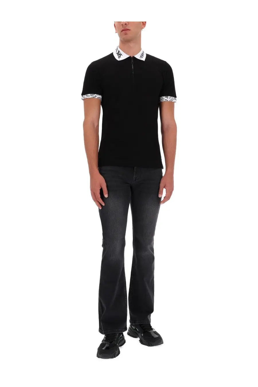 Versace Jeans Couture men’s black slim fit polo shirt with white logo patterned collar and sleeve cuffs