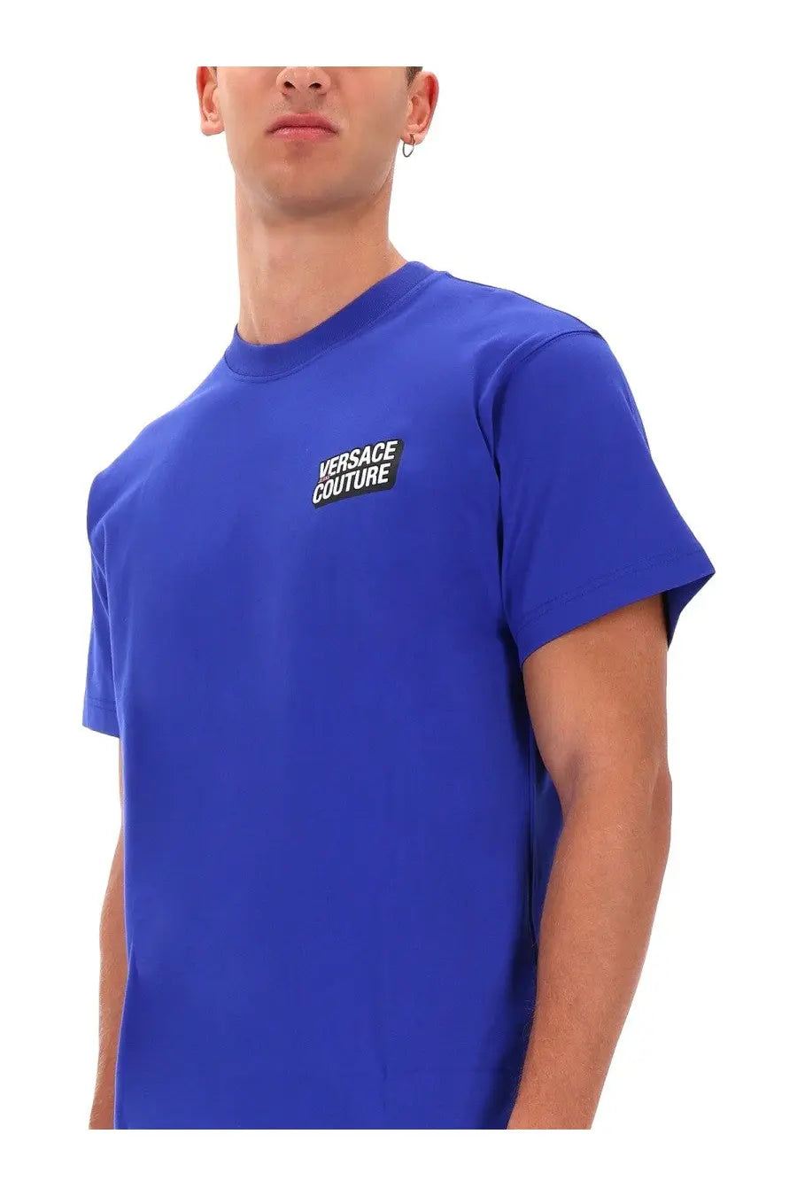 Versace Jeans Couture men’s royal blue short-sleeved t-shirt with black and white logo patch on left chest