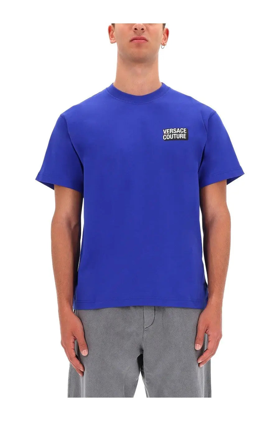 Versace Jeans Couture men’s royal blue short-sleeved shirt with black and white logo patch on left chest