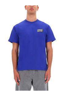Versace Jeans Couture men’s royal blue short-sleeved shirt with black and white logo patch on left chest