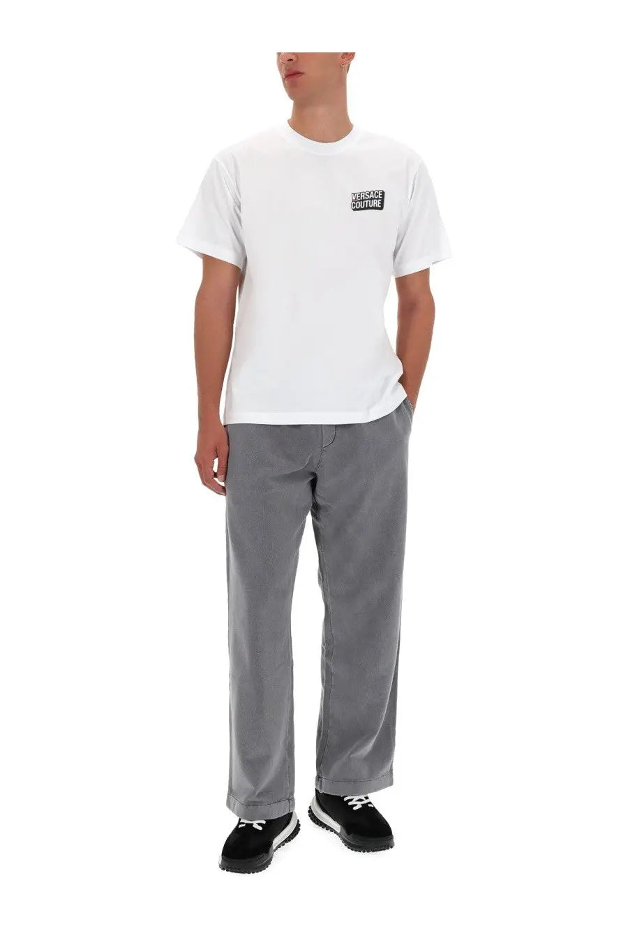 Versace Jeans Couture men’s white cotton short-sleeved t-shirt with black logo patch on left chest