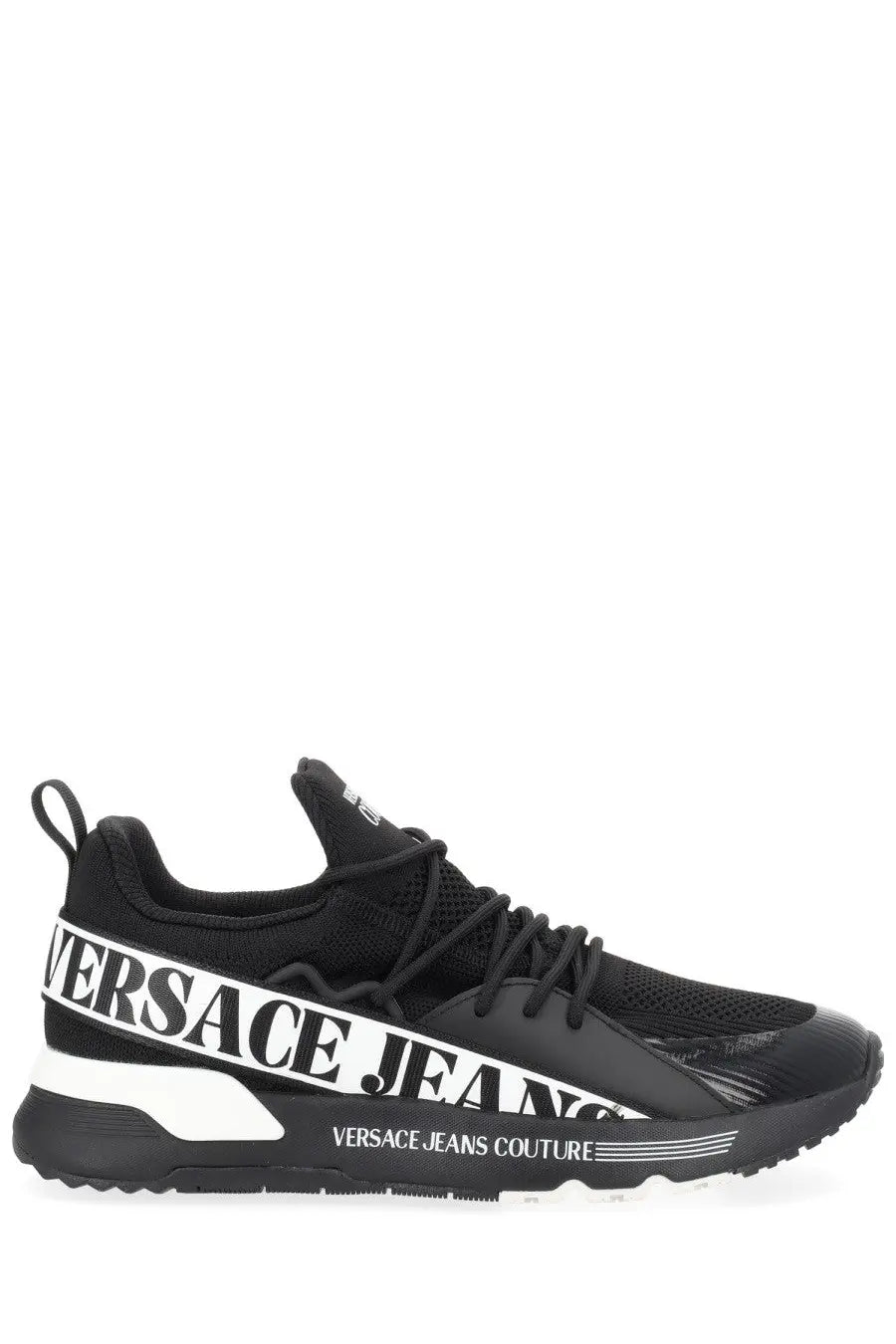 Versace Jeans Couture men’s black sneaker with bold white logo stripe and mesh upper for casual wear