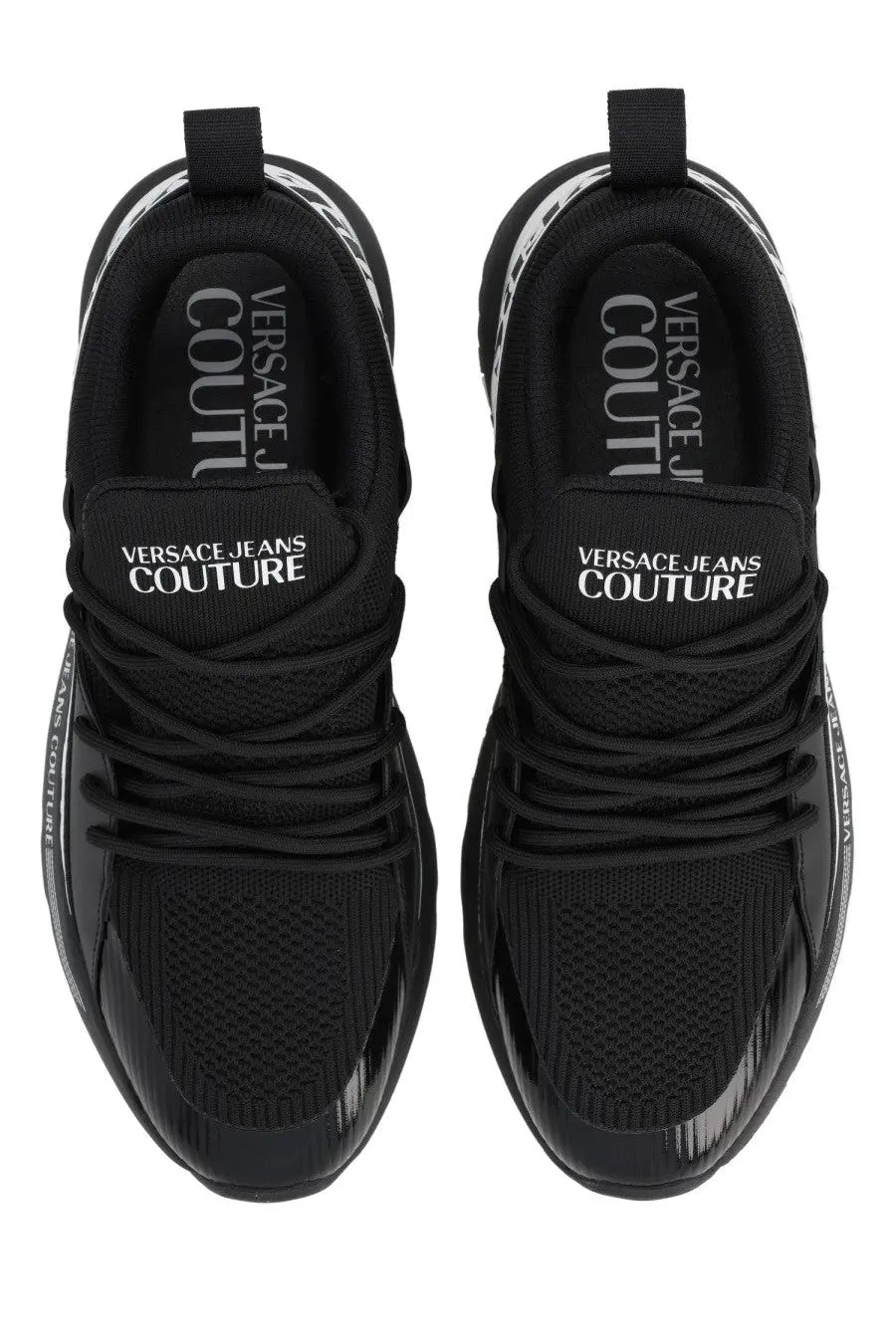 Versace Jeans Couture men’s black sneaker with mesh upper and glossy rubber sole for stylish casual wear