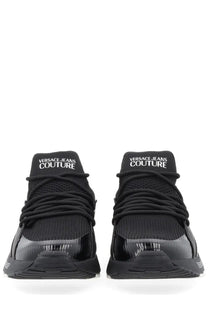 Versace jeans couture men’s sneaker con black with mesh upper and glossy black toe cap accents