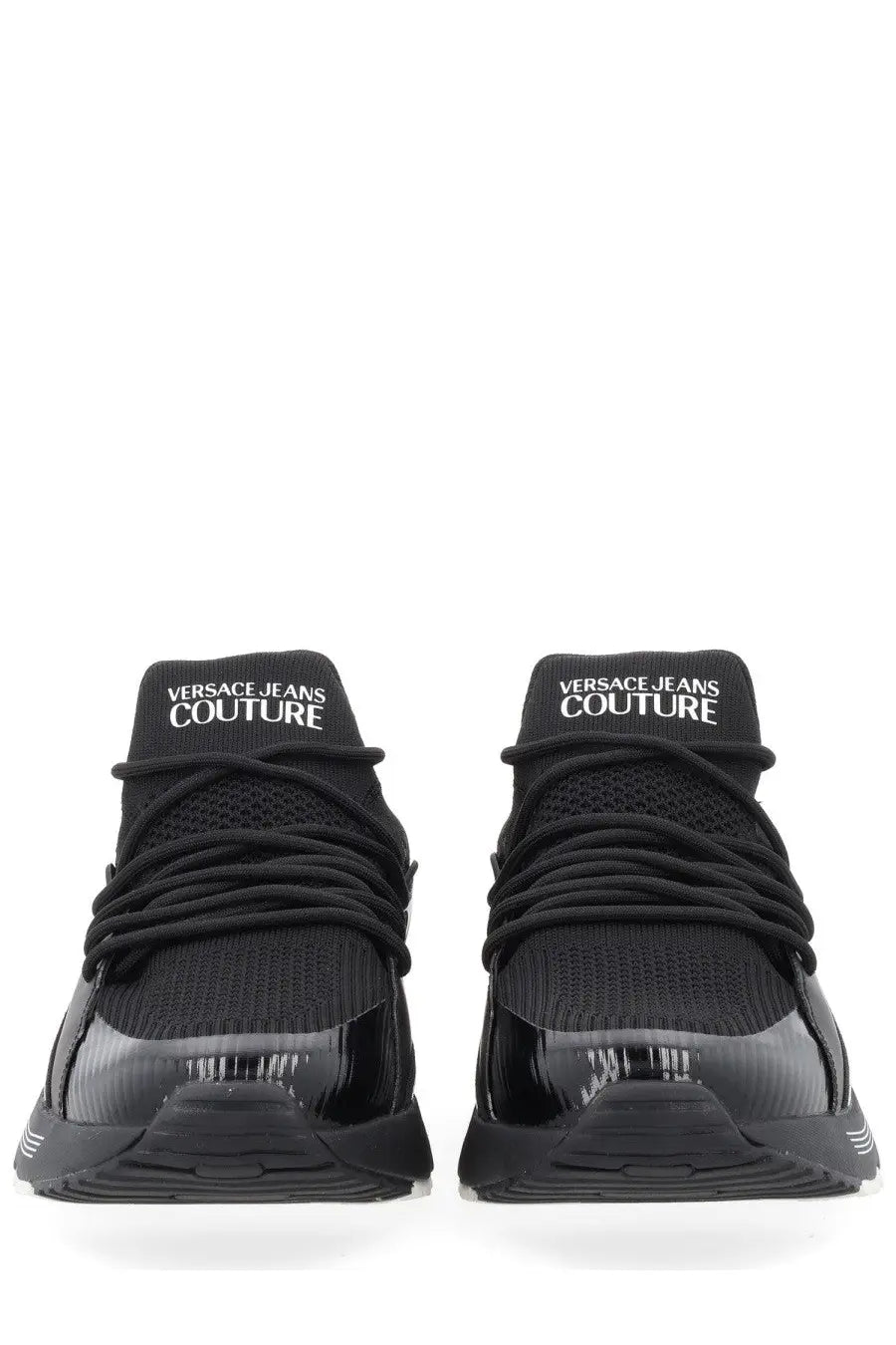 Versace Jeans Couture men’s sneaker in black with mesh upper and glossy black toe cap accents
