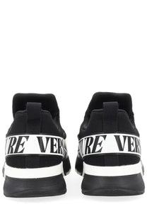 Black versace jeans couture men’s sneakers with bold white branding and sleek modern design in con black color
