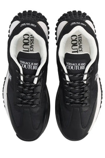 Versace Jeans Couture men’s sneaker con black with black and white mesh upper chunky rubber sole and bold tongue branding