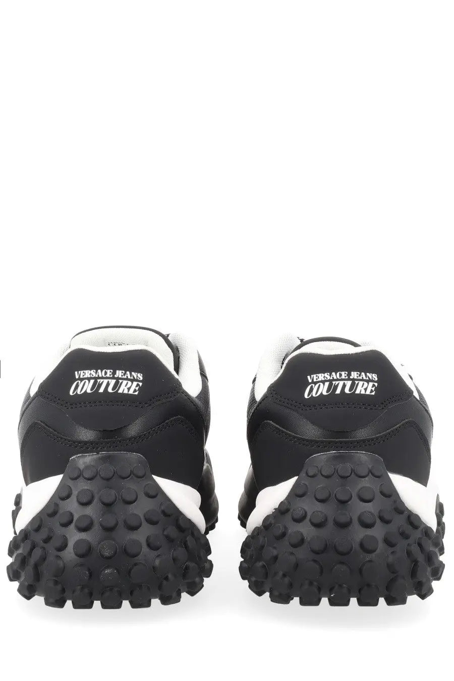 Versace jeans couture men’s sneaker con black with black and white leather upper and textured bumpy rubber sole