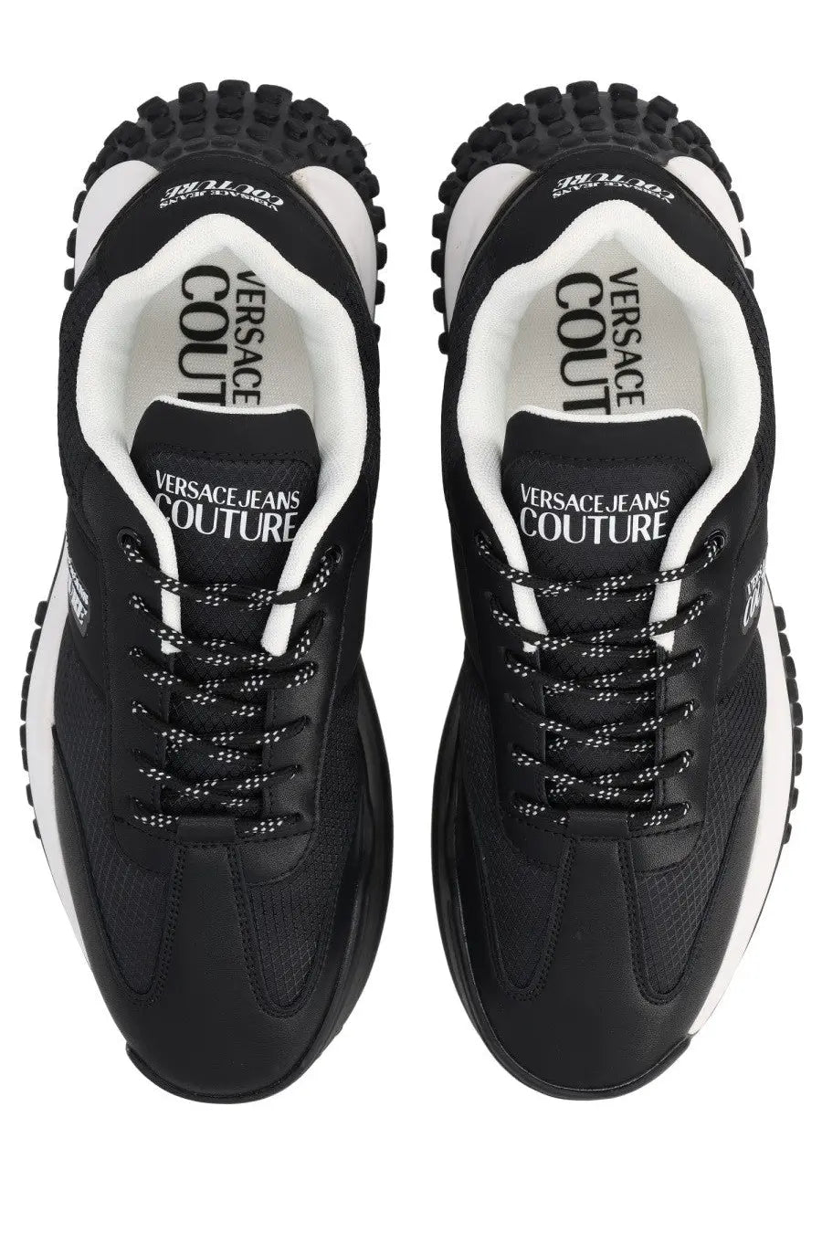 Versace Jeans Couture men’s sneaker con black with black and white mesh upper, chunky rubber sole, and bold tongue branding