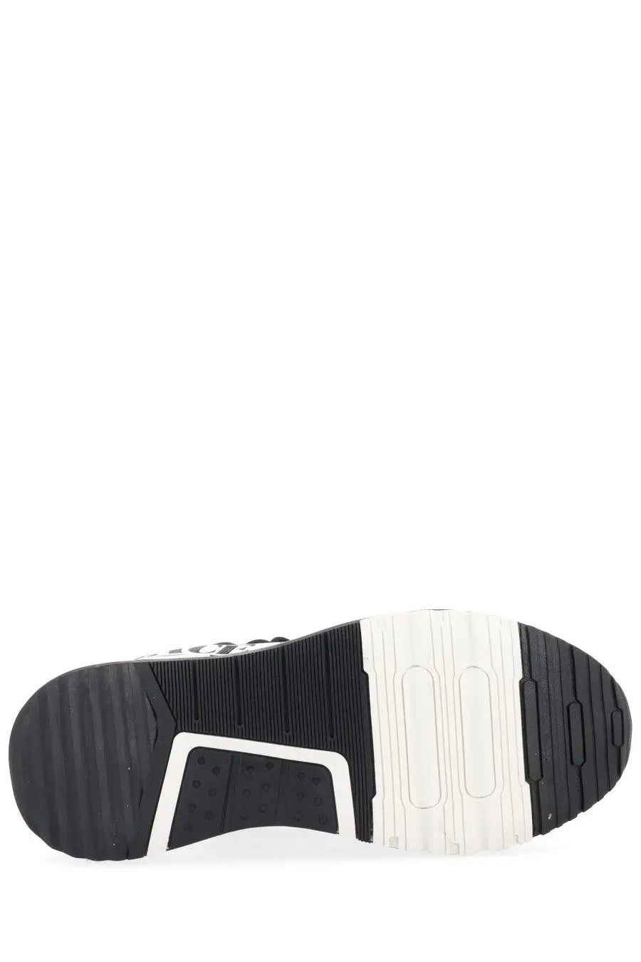 Versace jeans couture men’s sneaker con black with black and white rubber sole featuring textured tread pattern
