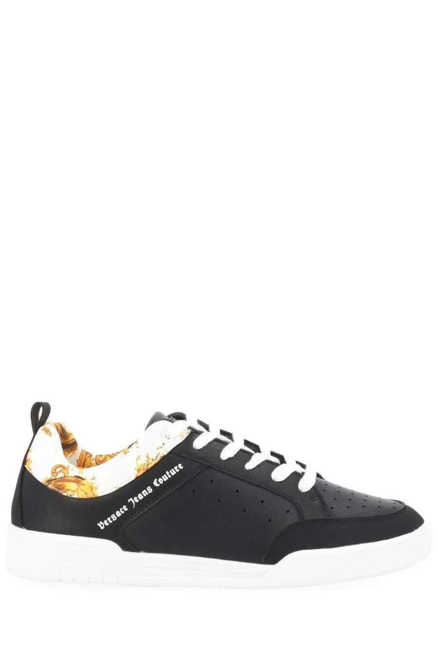 Versace jeans couture men’s black sneaker with white laces and gold baroque patterned lining visible inside