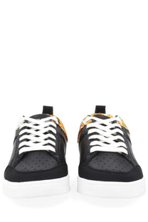 Versace Jeans Couture men’s black leather sneakers with white laces, gold-toned collar pattern, and perforated detailing