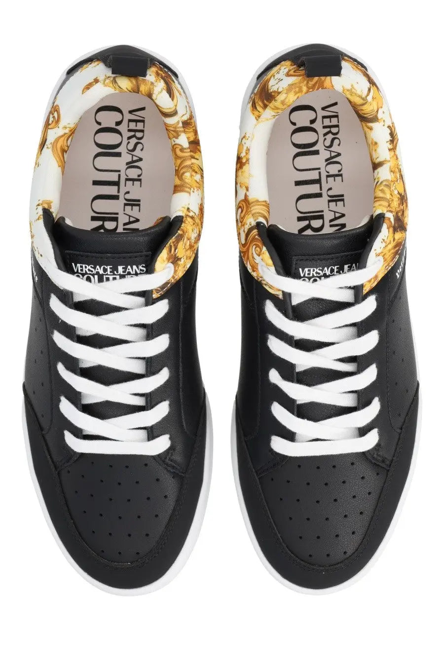 Versace Jeans Couture men’s black leather sneakers with white laces and gold baroque pattern lining