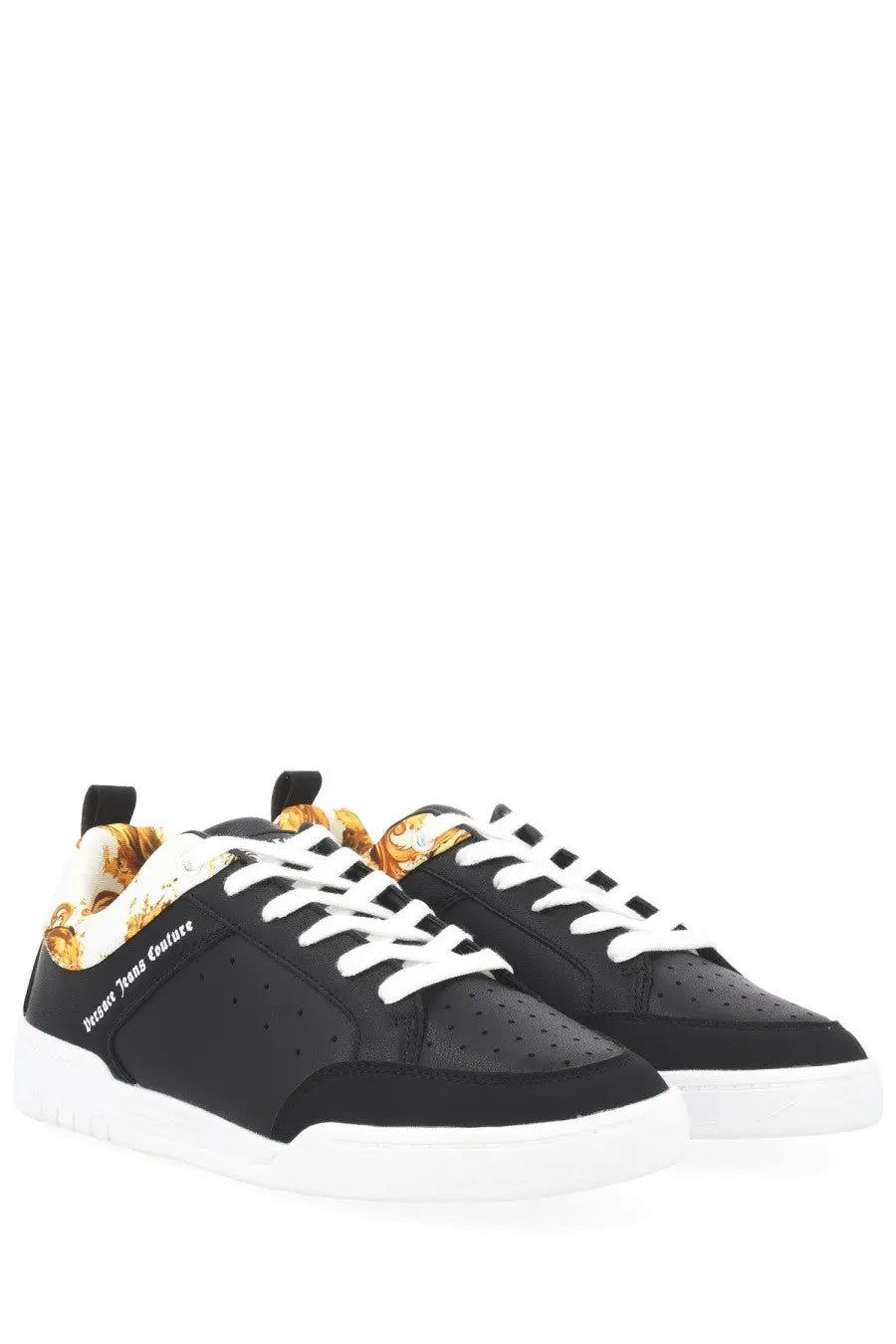 Versace jeans couture men’s black low-top sneakers with white laces and gold patterned lining featuring logo on side