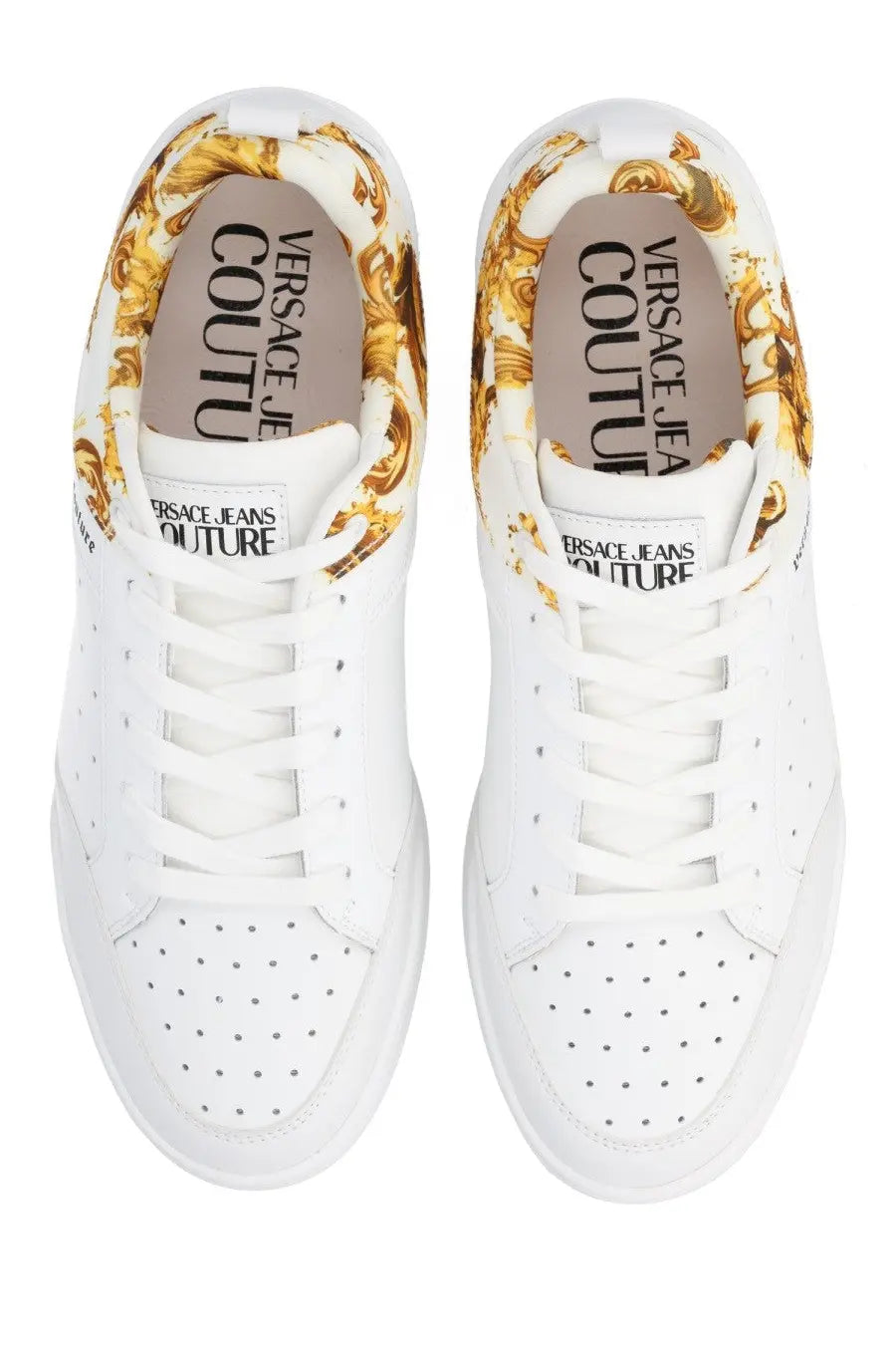 Versace Jeans Couture men’s white leather sneakers with gold baroque pattern lining and branding