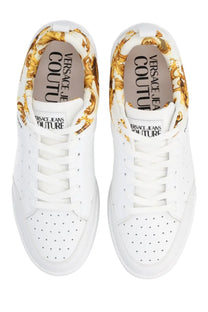 Versace Jeans Couture men’s white leather sneakers with gold baroque pattern lining and branding
