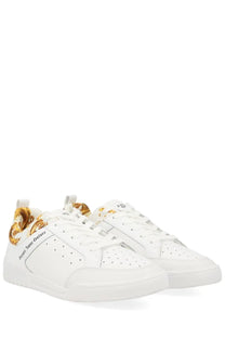 Versace jeans couture men’s white leather sneakers with gold baroque detailing on heel and side branding