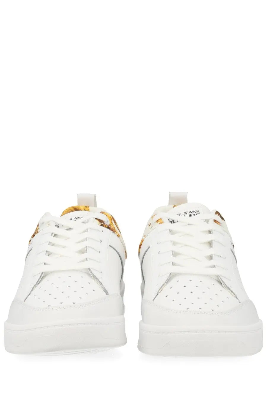 Versace Jeans Couture men’s white low-top sneakers with gold brown patterned accents and perforated detailing