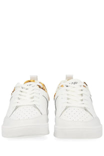 Versace Jeans Couture men’s white low-top sneakers with gold brown patterned accents and perforated detailing