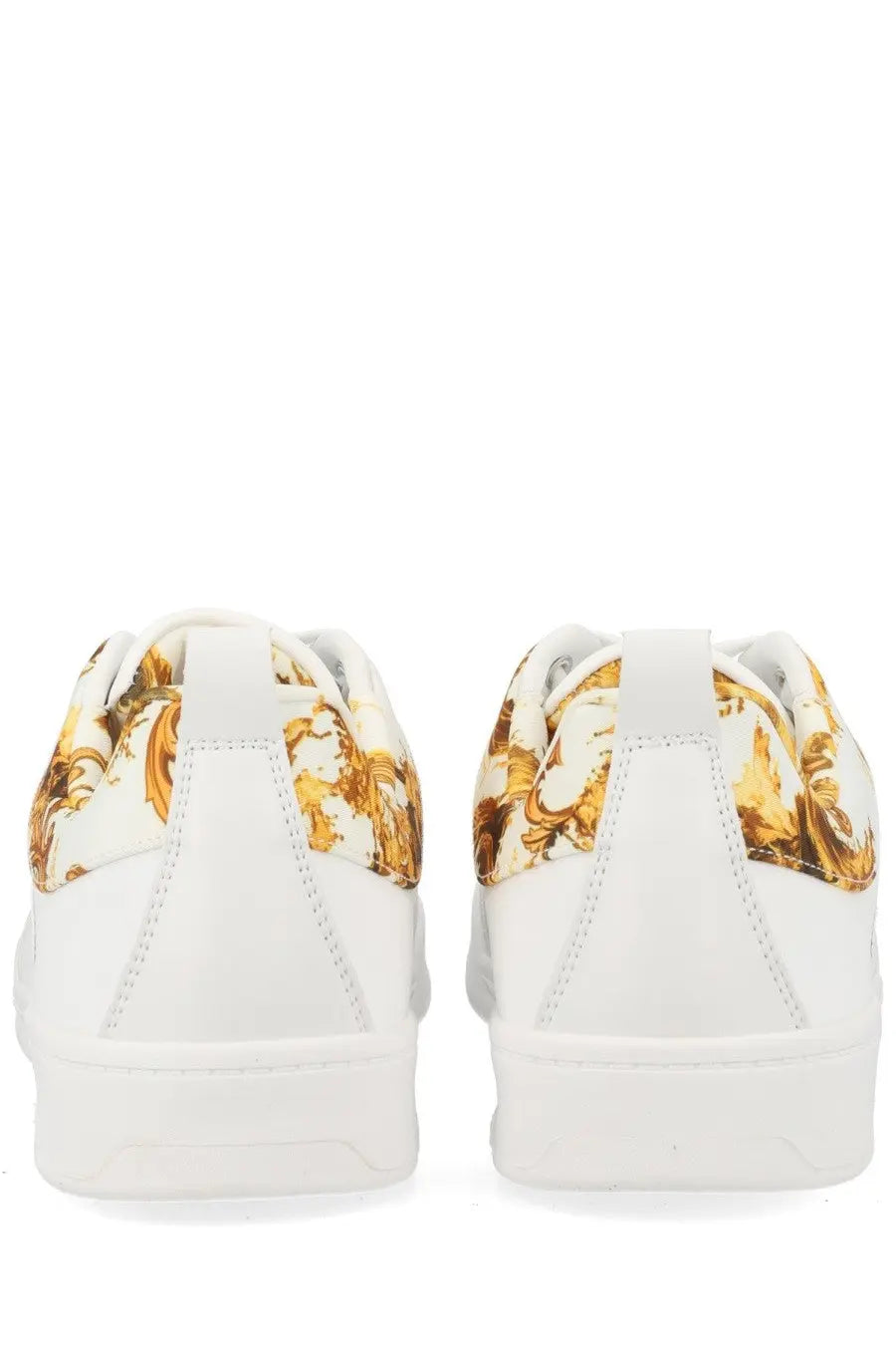 Versace jeans couture men’s white low-top leather sneakers with bold gold baroque pattern on sides and heel