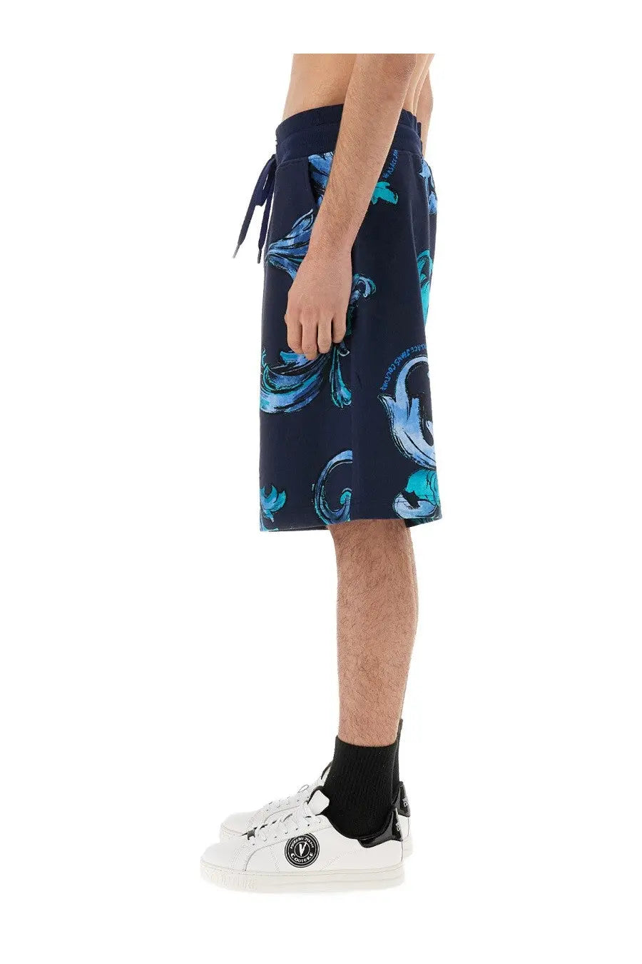 Versace jeans couture men’s sports shorts in navy blue with turquoise baroque pattern and elastic waistband with drawstrings