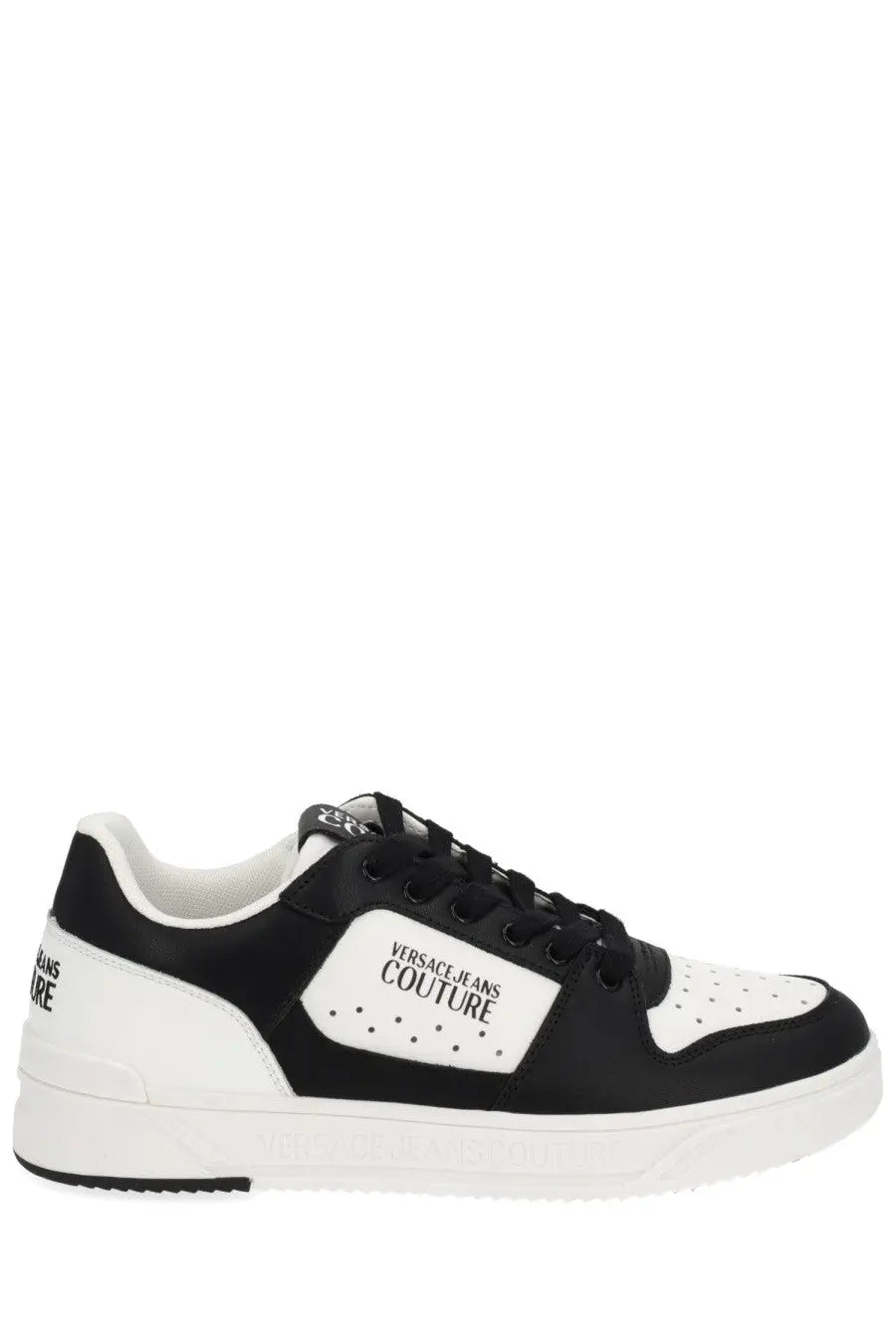 Versace Jeans Couture men’s starlight sneaker white low-top with black and white color and perforated toe box detailing