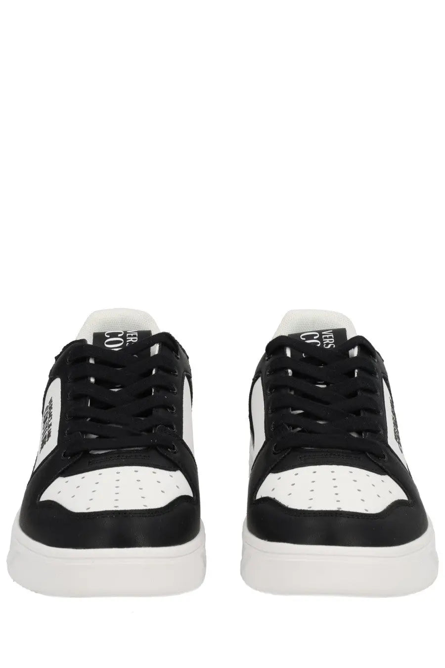 Versace Jeans Couture men’s starlight sneaker white black and white low-top with perforated leather panels and rubber sole