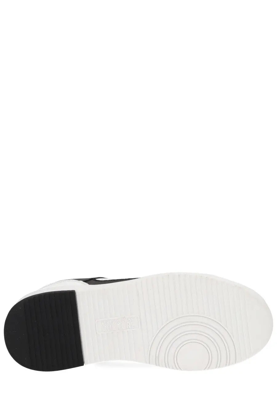 Versace jeans couture men’s starlight sneaker white with white rubber sole black heel and concentric circular tread pattern