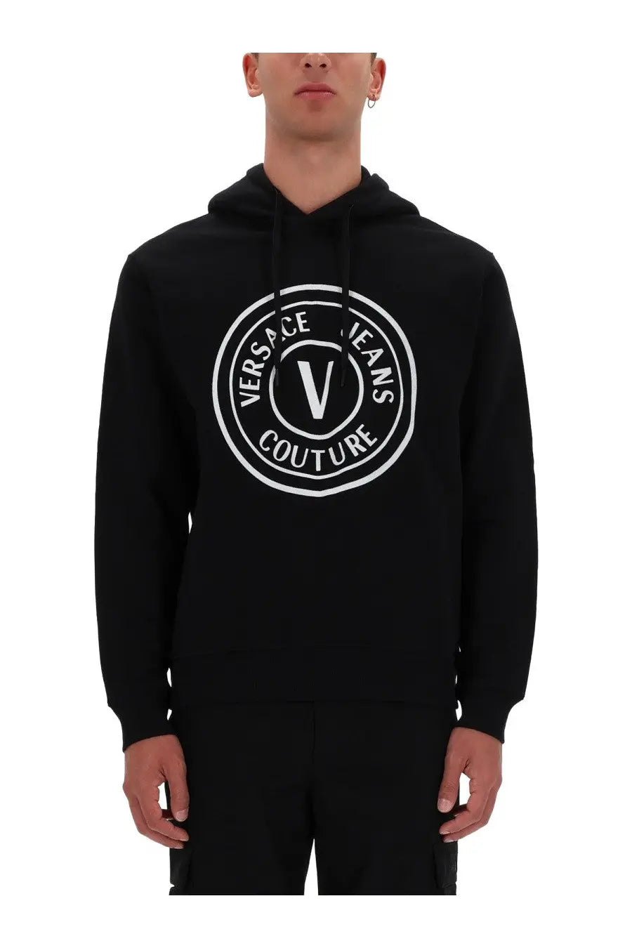 Black versace jeans couture men’s sweatshirt featuring a bold white circular logo with the brand’s signature v and text