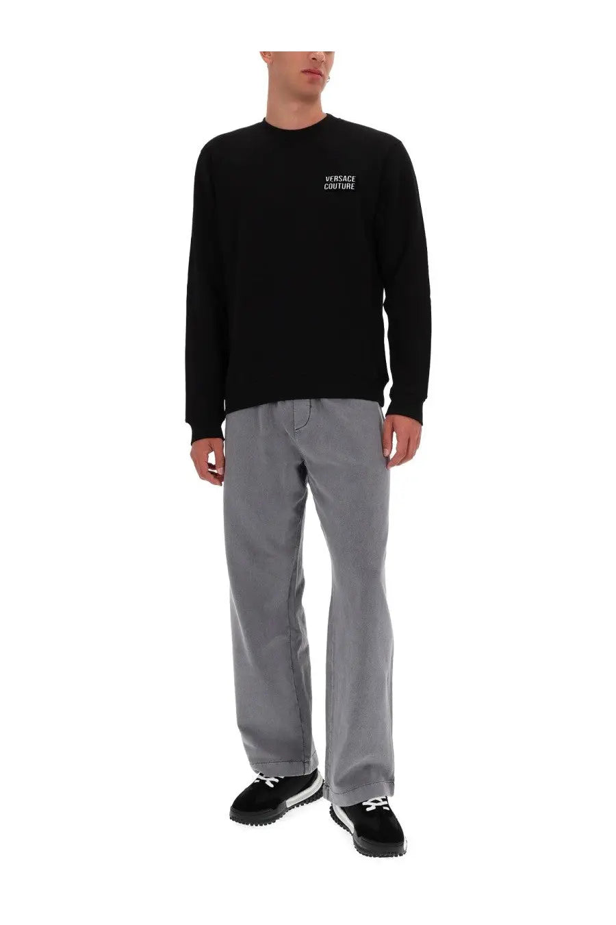 Versace Jeans Couture men’s black long-sleeved sweatshirt with subtle white logo on chest for casual wear