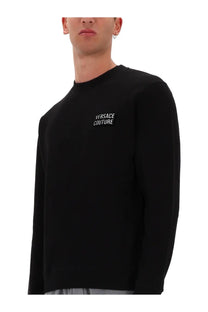 Versace Jeans Couture men’s black long-sleeved crewneck sweatshirt with white embroidered logo on left chest