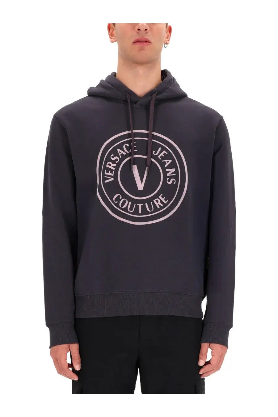 Versace Jeans Couture men’s dark gray sweatshirt hoodie with light pink circular logo for casual wear
