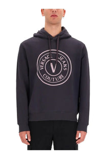 Versace Jeans Couture men’s dark gray sweatshirt hoodie with light pink circular logo for casual wear