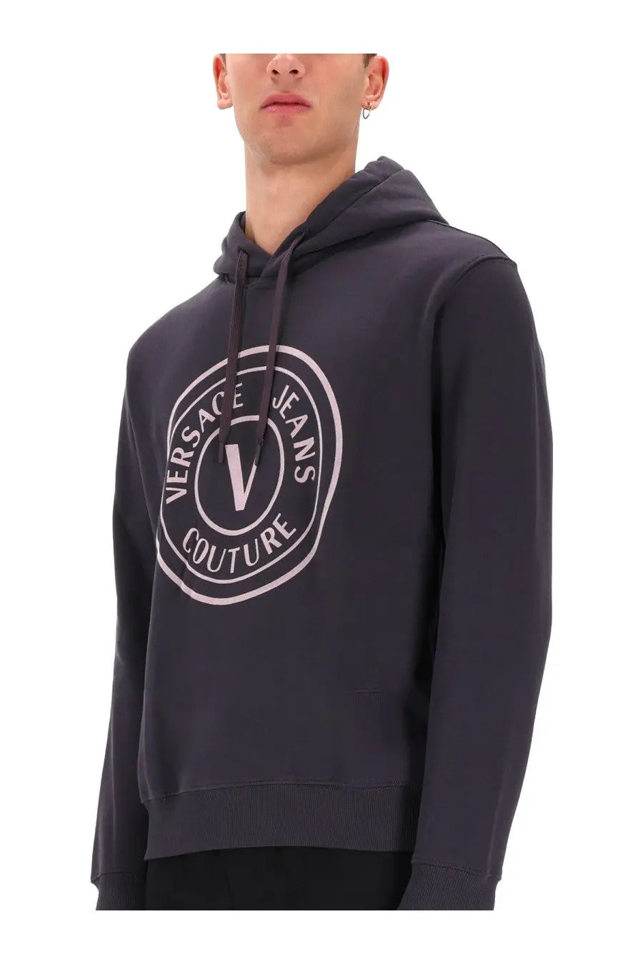 Versace Jeans Couture men’s grey hoodie with dark gray fabric and a light pink and white circular logo on the front