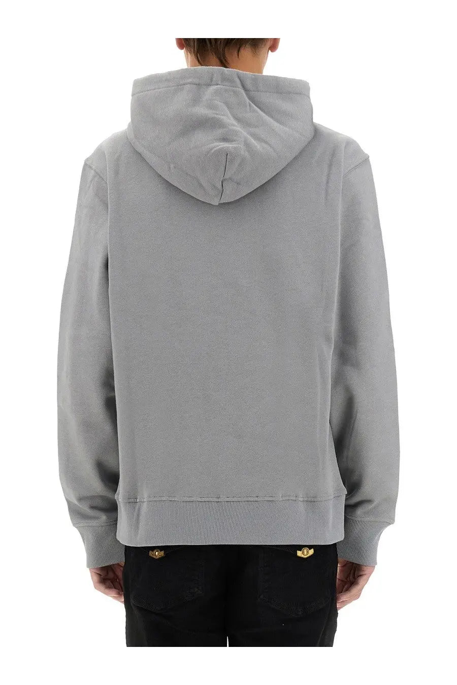 Versace Jeans Couture men’s grey hooded sweatshirt with ribbed cuffs hem and gold-tone metal buttons at waistband