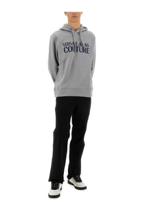 Versace Jeans Couture men’s grey hoodie with navy blue embroidered logo and soft cotton fabric for casual wear