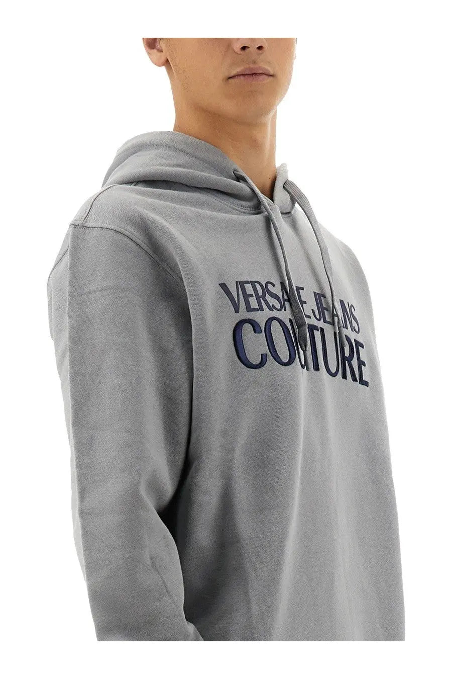 Versace Jeans Couture men’s grey hoodie with navy blue embroidered lettering in soft cotton blend fabric
