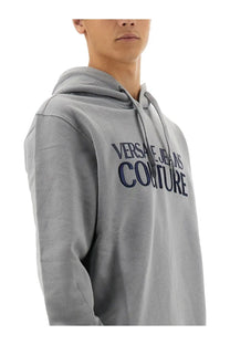 Versace Jeans Couture men’s grey hoodie with navy blue embroidered lettering in soft cotton blend fabric