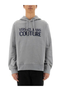 Versace jeans couture men’s grey sweatshirt with bold navy blue embroidered lettering across the chest
