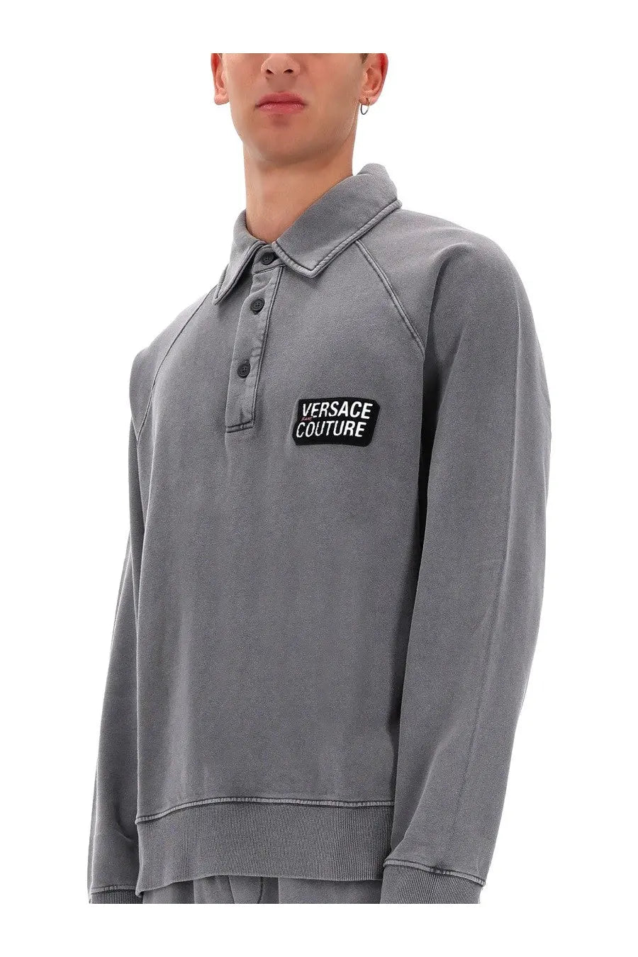Versace Jeans Couture men’s grey polo sweatshirt with black embroidered logo patch on the chest